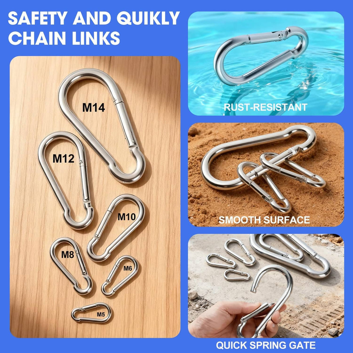Set of silver spring snap hook carabiners with smooth gate and chain links