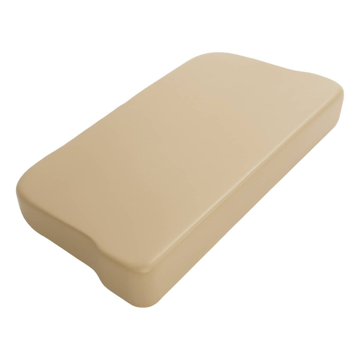 Tan seat cushion for golf cart with beveled corners and foam-like shape