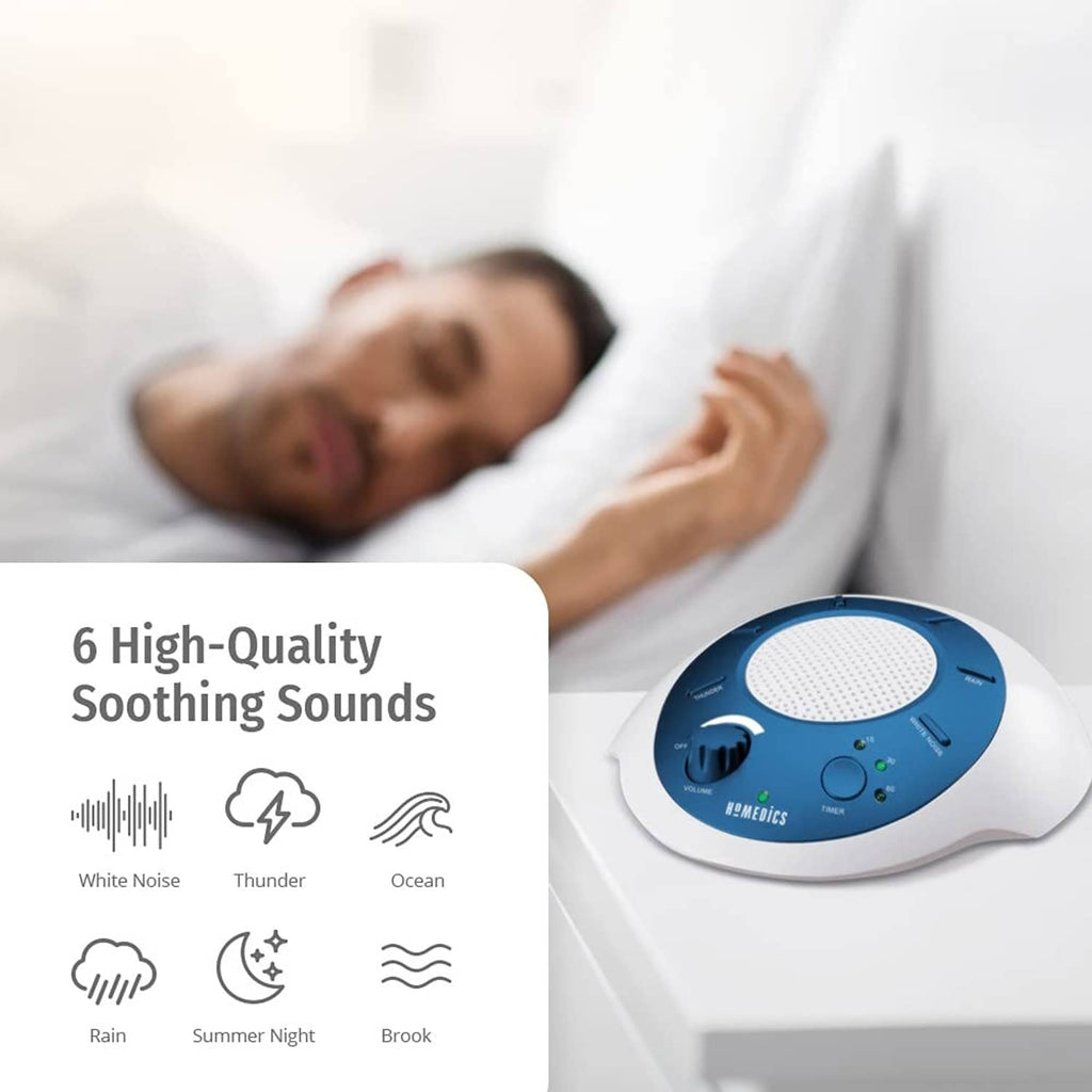 Blue and white sound machine with top speaker grille and front control buttons