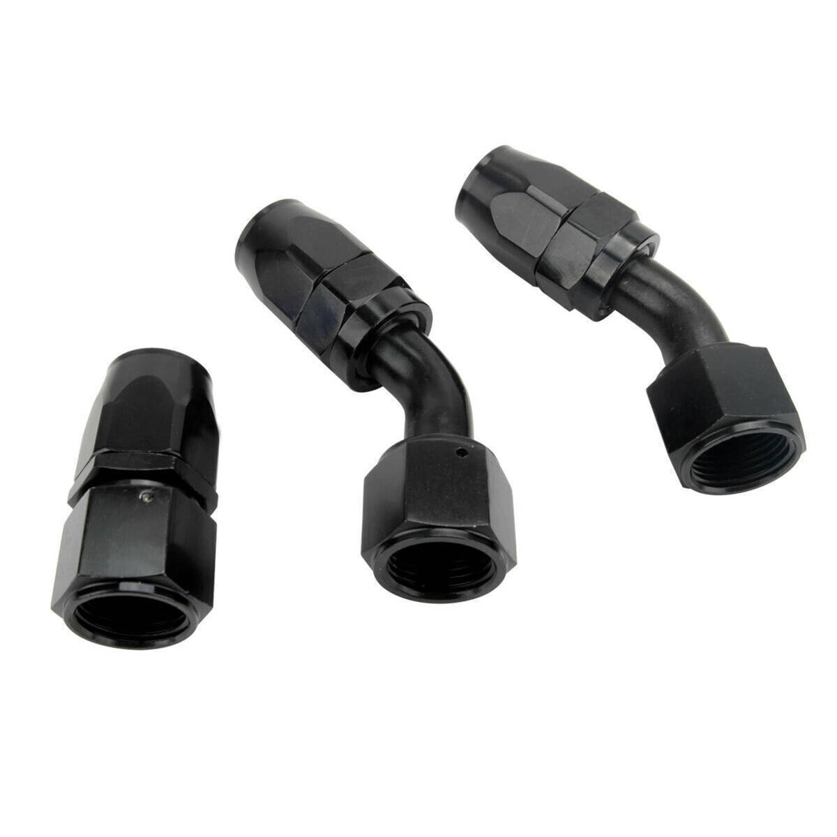 Black AN oil line elbow fittings with threaded ports and hex outer housings