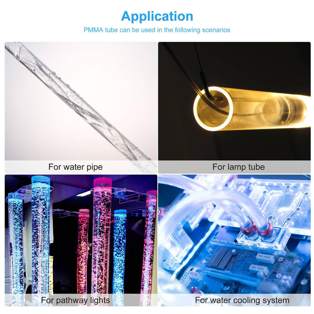 Clear acrylic round tube displayed in several installation setups