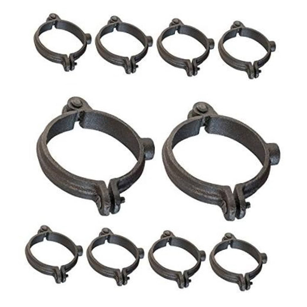 Dark metal hinged split ring pipe hanger set with bolt and screw closure, 10-pack