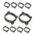 Dark metal hinged split ring pipe hanger set with bolt and screw closure, 10-pack
