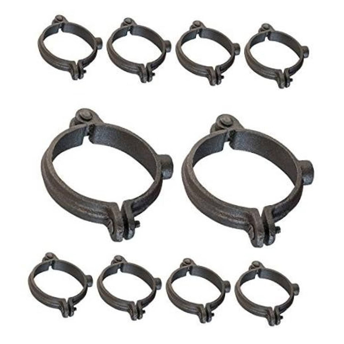 Dark metal hinged split ring pipe hanger set with bolt and screw closure, 10-pack