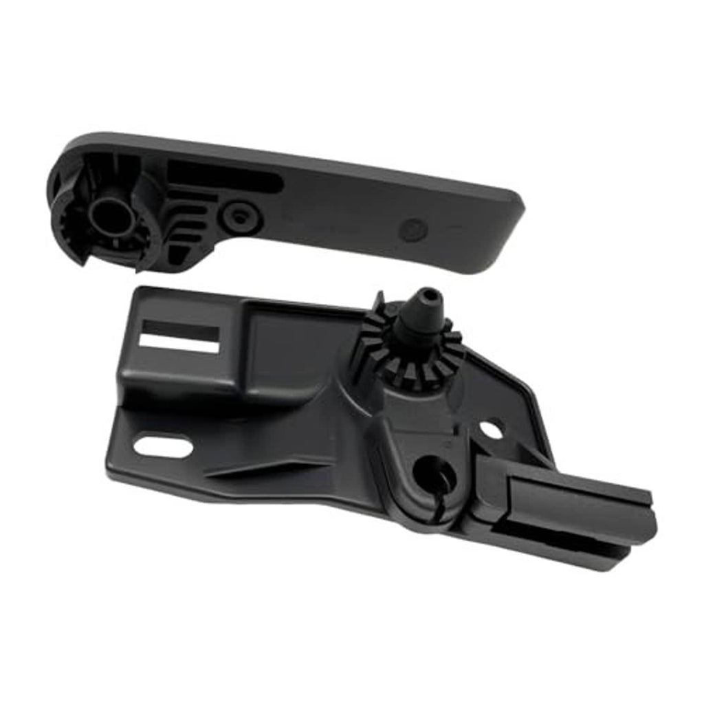 Black hood release grip handle and bracket set, angled top view.