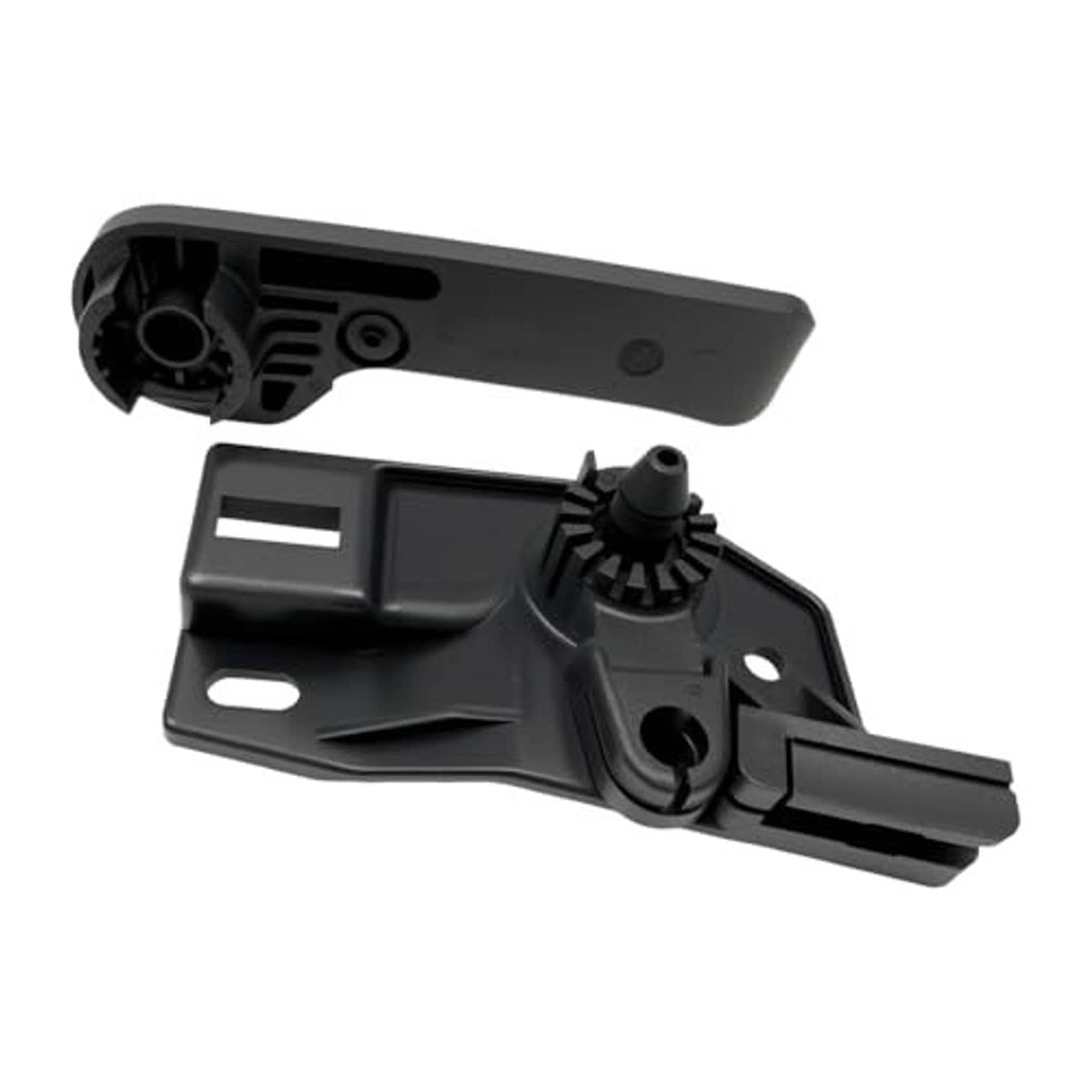 Black hood release grip handle and bracket set, angled top view.