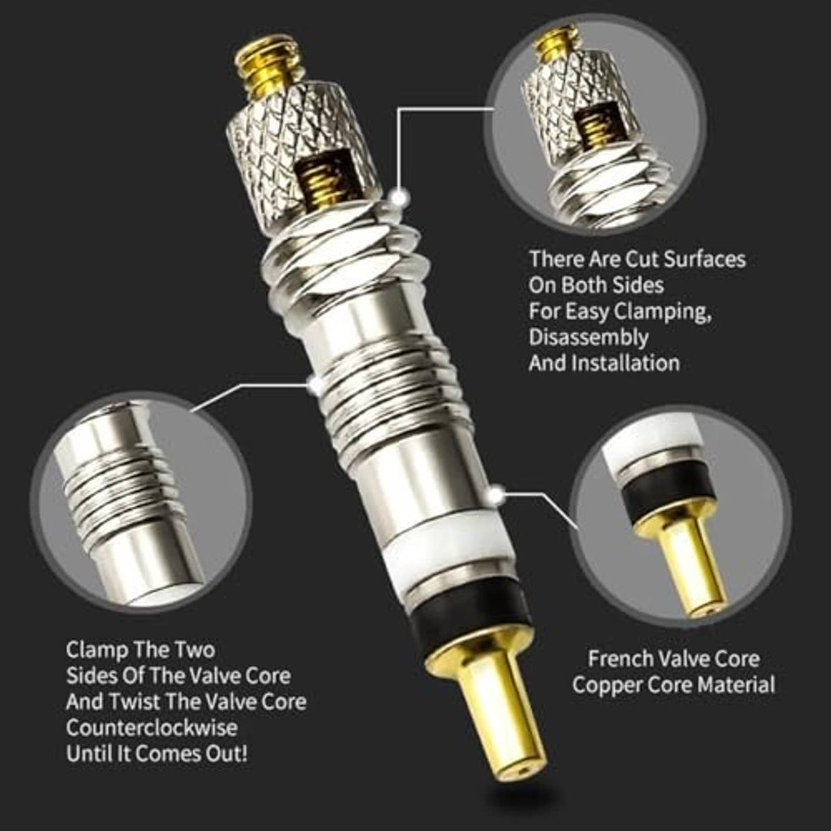 Valve core removal tool with dual cut surfaces, chrome body and gold valve end