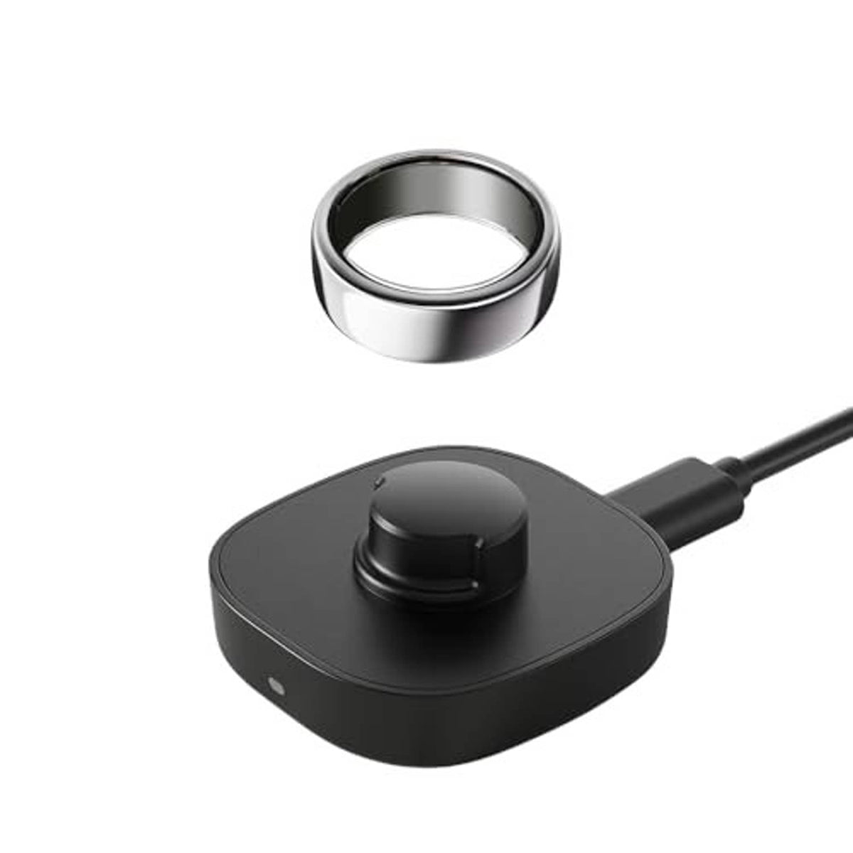 Black charging dock with raised charging pin and attached cable, ring holder top