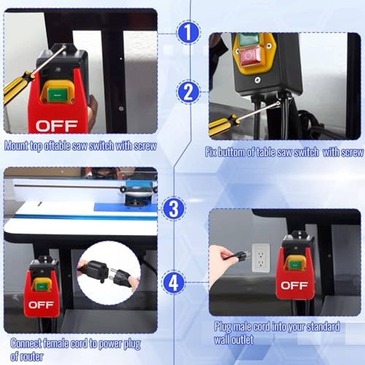 Table saw paddle switch with OFF button, green rocker, and mounting screw parts