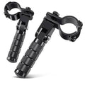 Pair of black foldable motorcycle footpegs with textured anti-slip grips and clamps