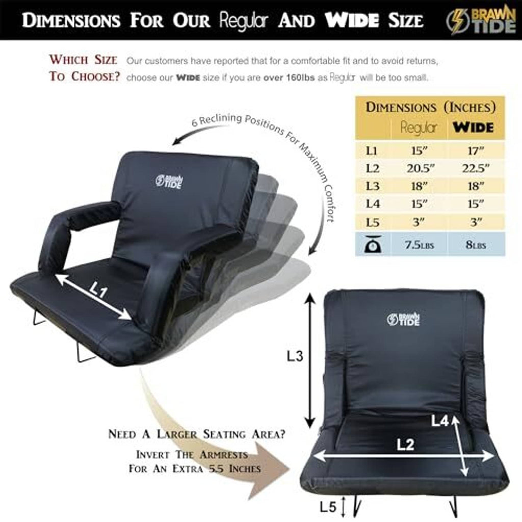 Black wide stadium seat with back support and armrests, reclining design