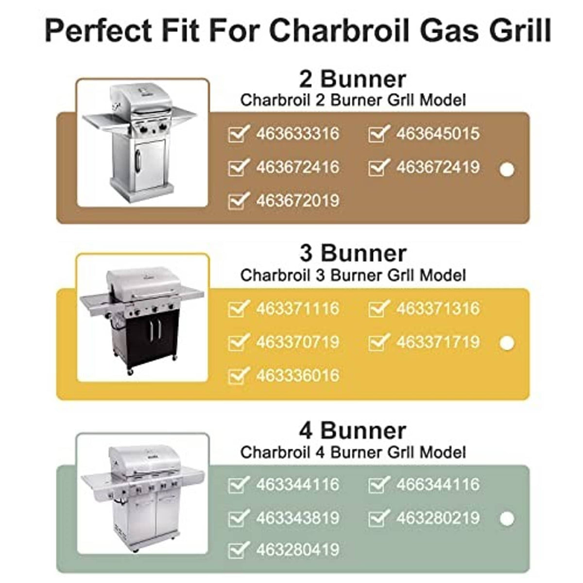 Replacement parts compatibility chart for Charbroil gas grills, 2 to 4 burner models