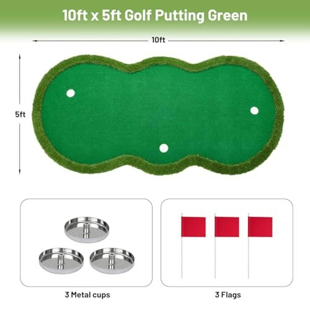 Rectangular green golf putting mat with three metal cups and three red flag pins