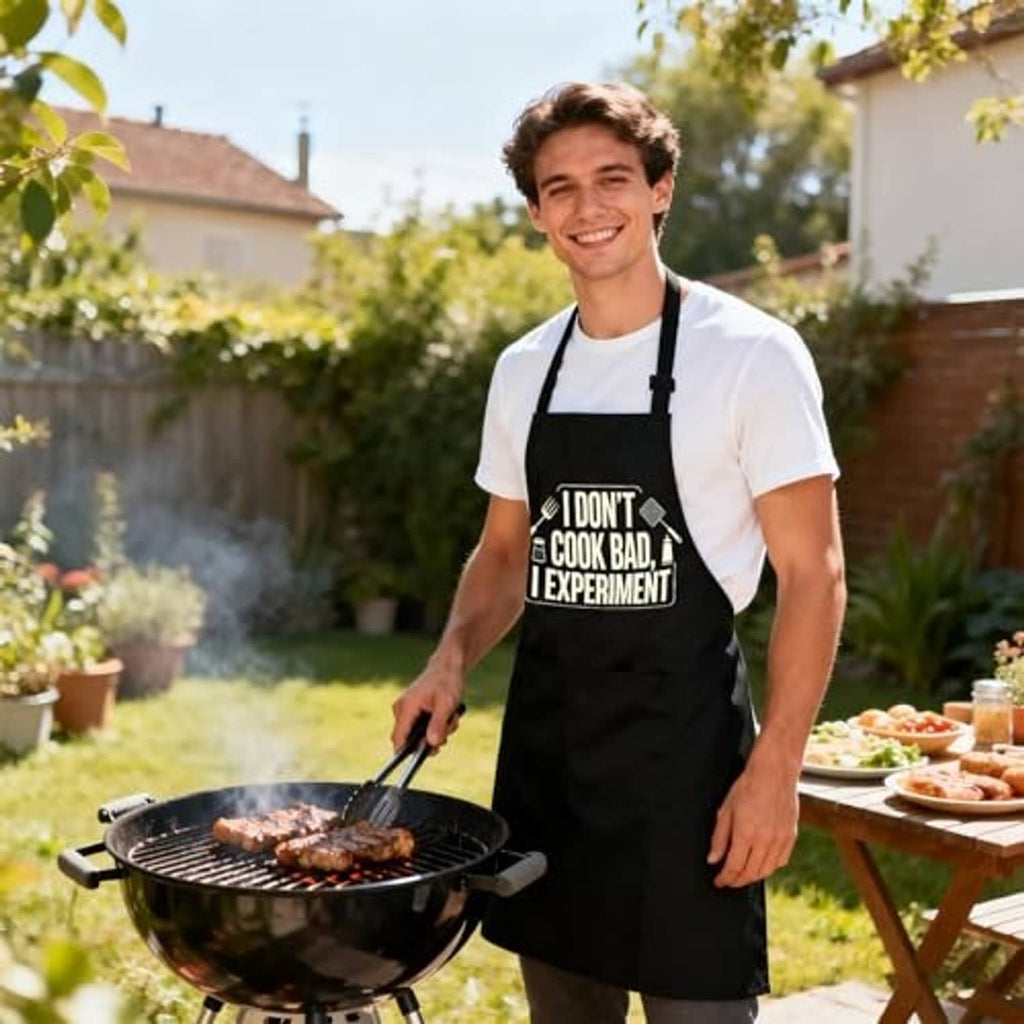 Black grill apron with front joke graphic and adjustable neck strap