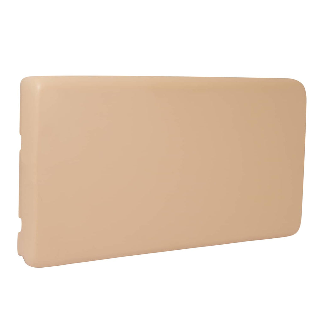 Tan seat base cushion with end panel and mounting tabs