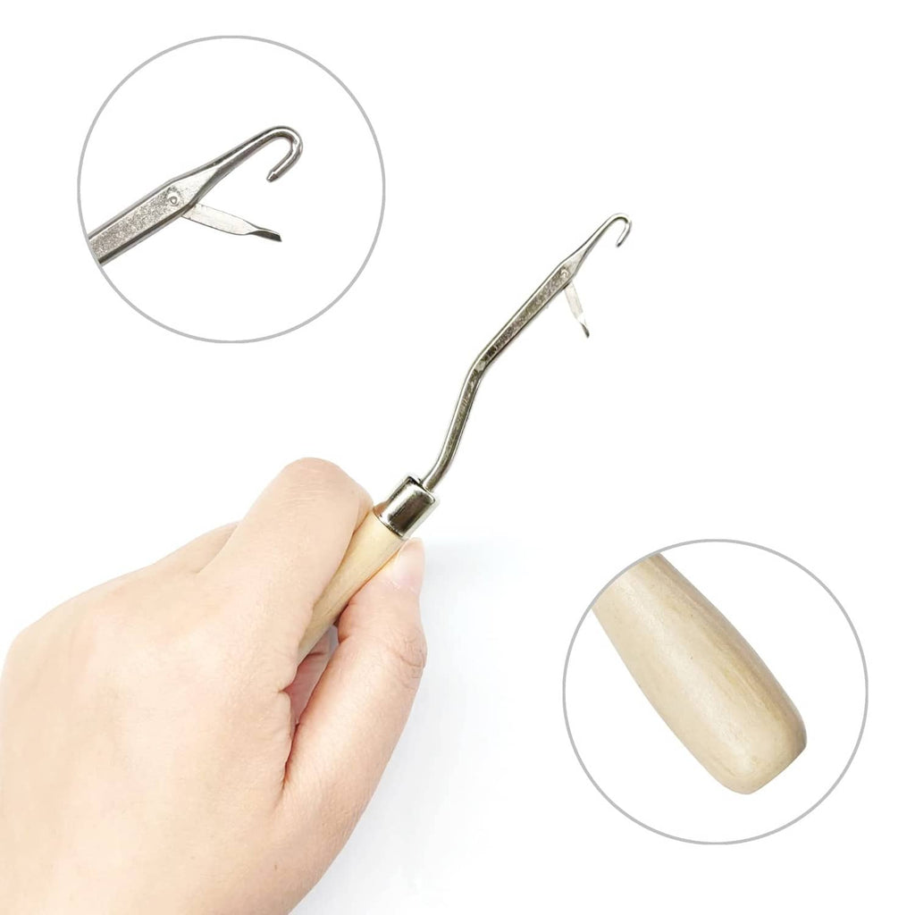 Latch hook tool with bent silver hook and light wood handle, hand-held