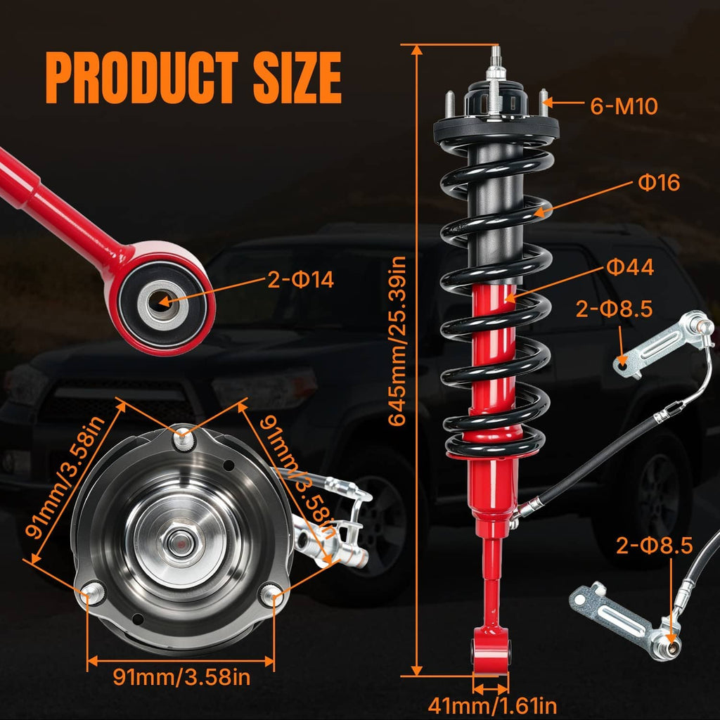 Front shock strut assembly shown with red dampers and black coil spring, with size diagram