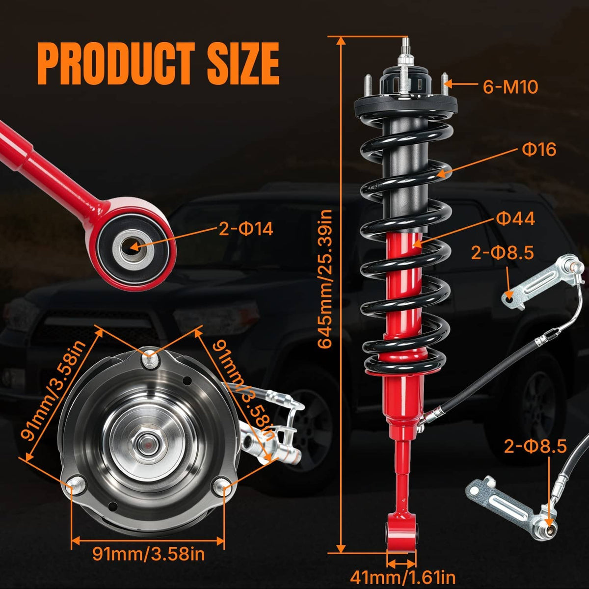 Front shock strut assembly shown with red dampers and black coil spring, with size diagram