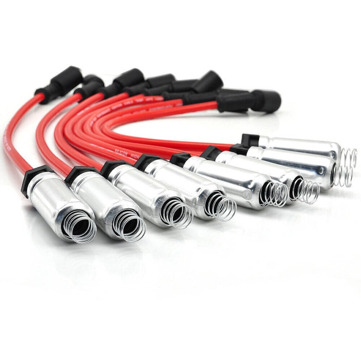 Spark plug wire set with multiple silver terminals and red high-voltage wires