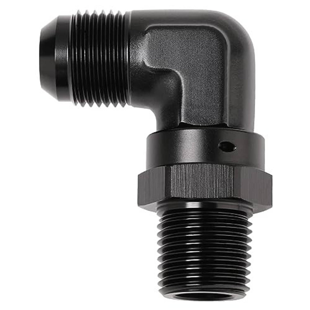 Black 90-degree swivel AN-to-NPT fitting close-up of threaded connections