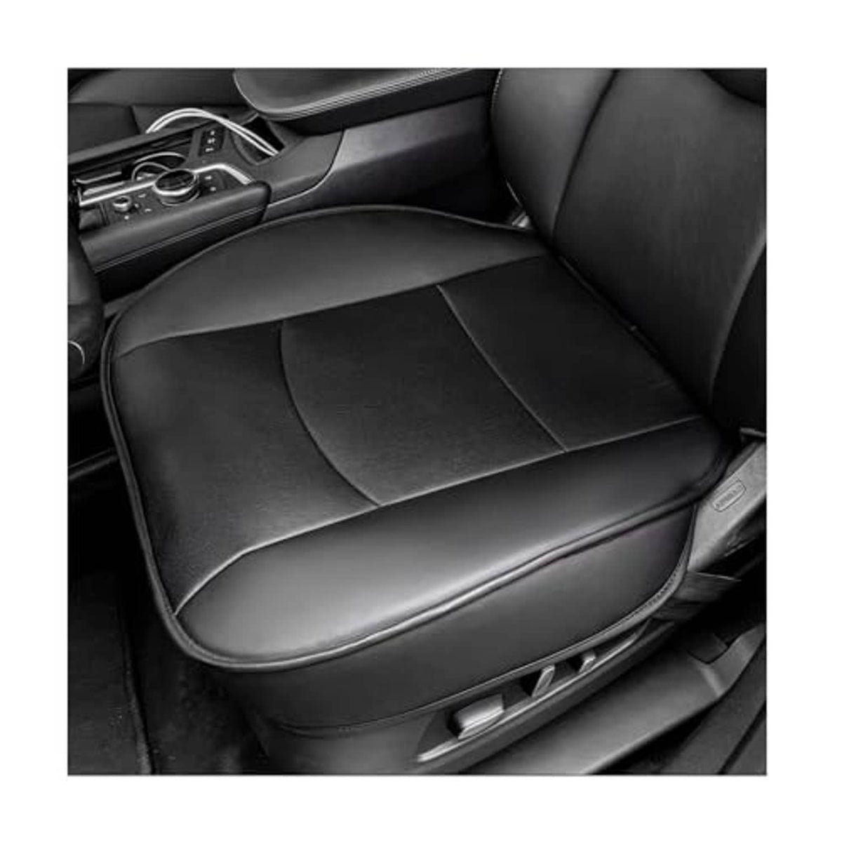 Black PU leather car seat bottom cover with curved fit and stitched panels