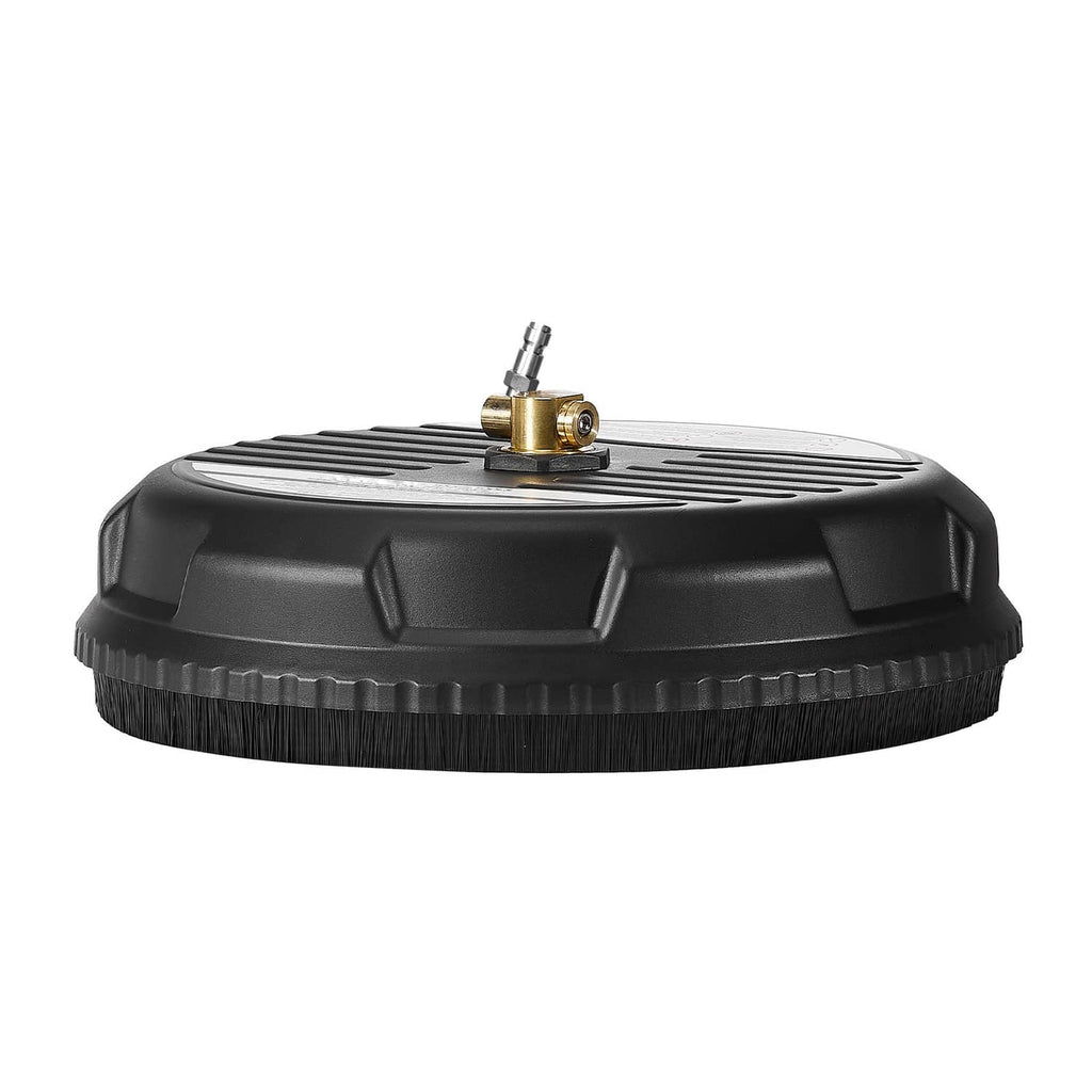 Black pressure washer surface cleaner with rotating head and rubber bristle skirt