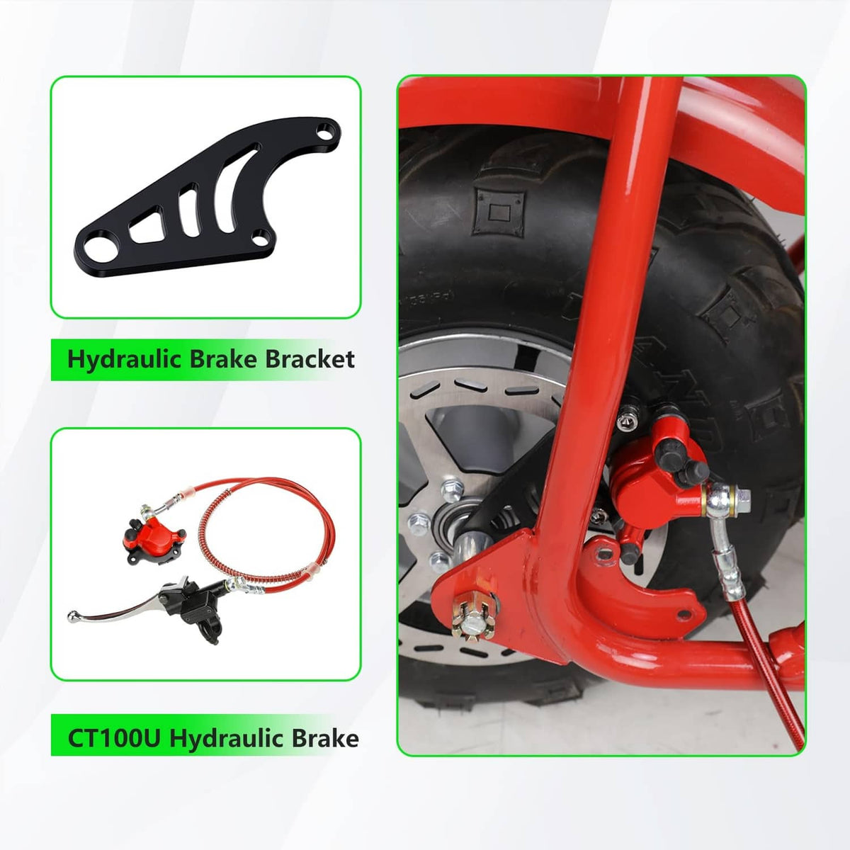 Black brake bracket with washers, spacers, pins, and mounting wrench hardware