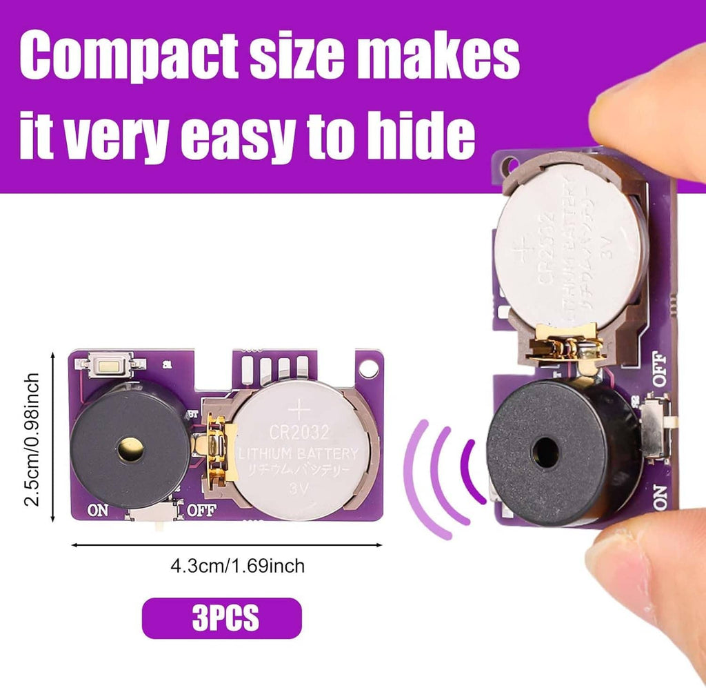 Compact prank noise machine device with speaker disc and ON/OFF switch, showing battery