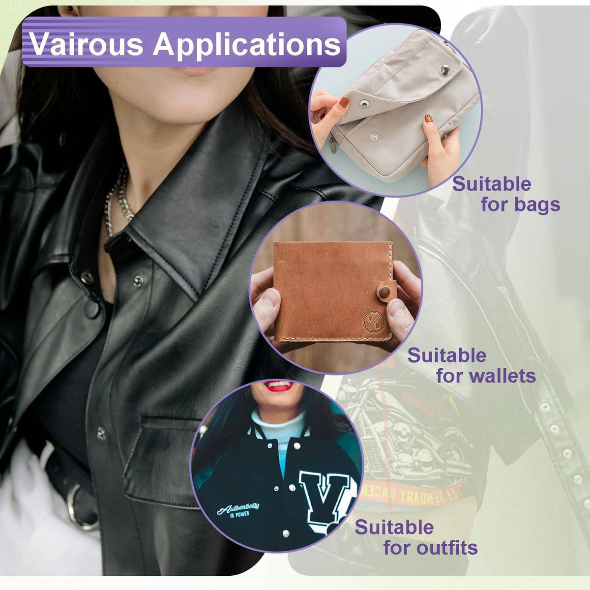 Leather items with metal snap fasteners: wallet, bag flap, and outfit closure