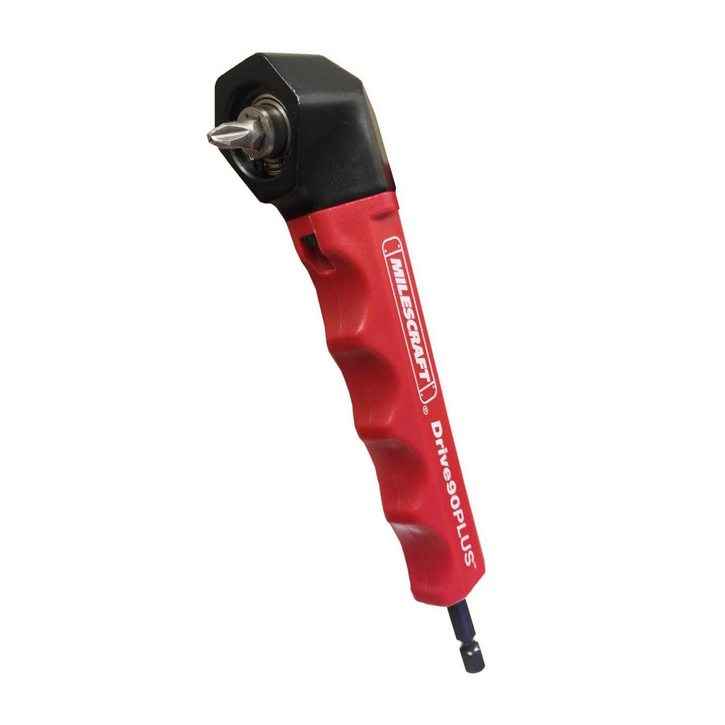 Milescraft right-angle drill attachment, red body and black hex drive head with bit