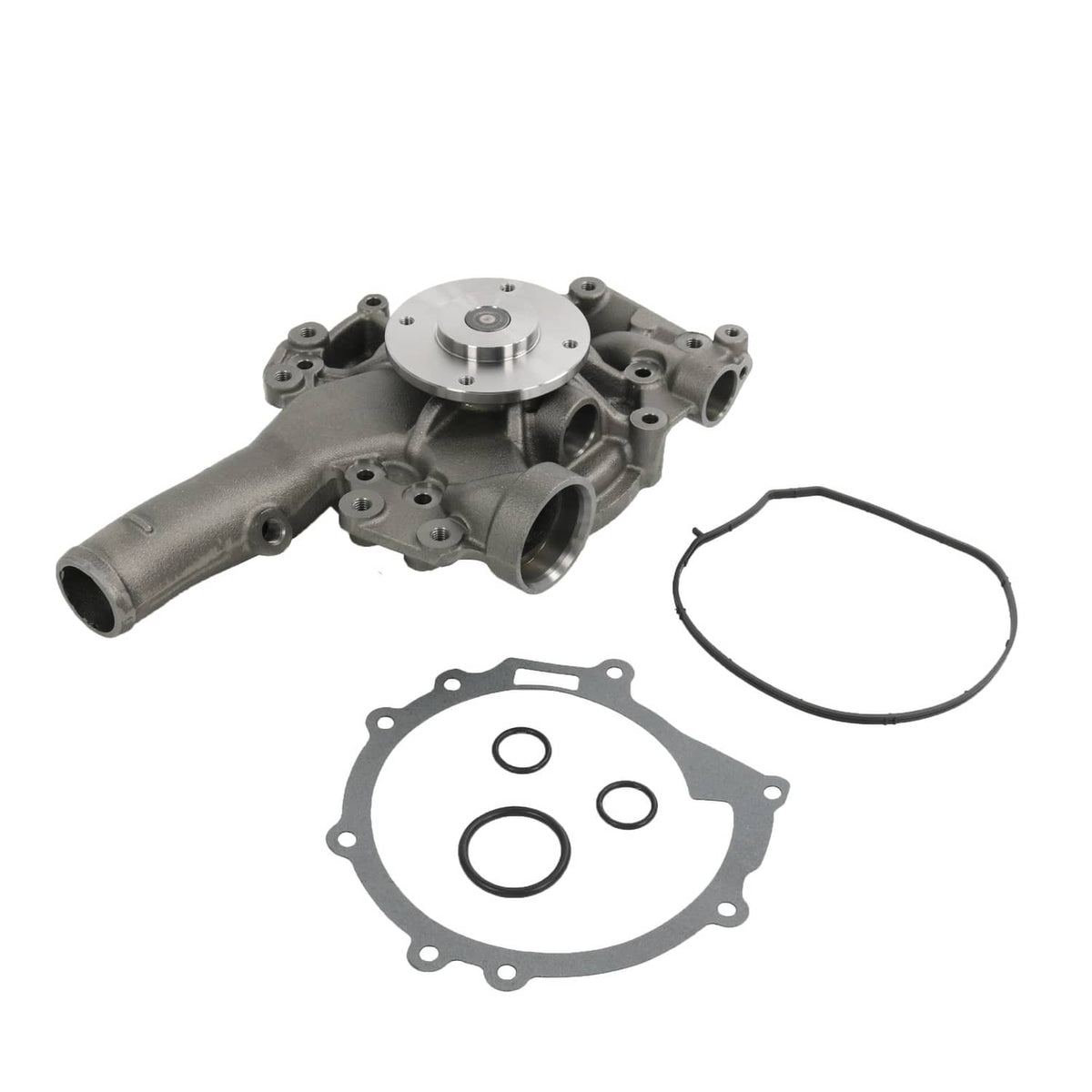 Engine water pump assembly with gaskets, dark gray housing and silver circular cover