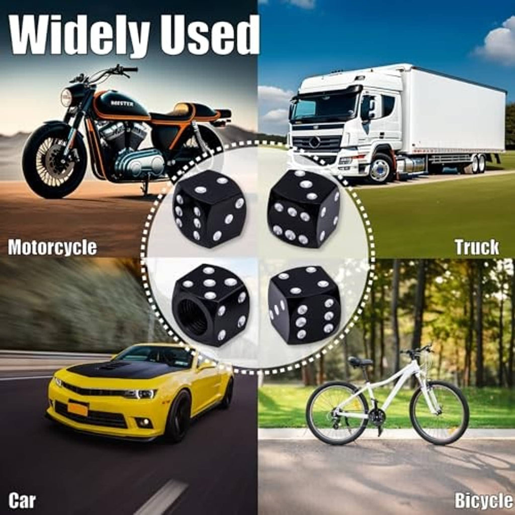 Set of 4 black dice-style tire valve stem caps with silver dot faces