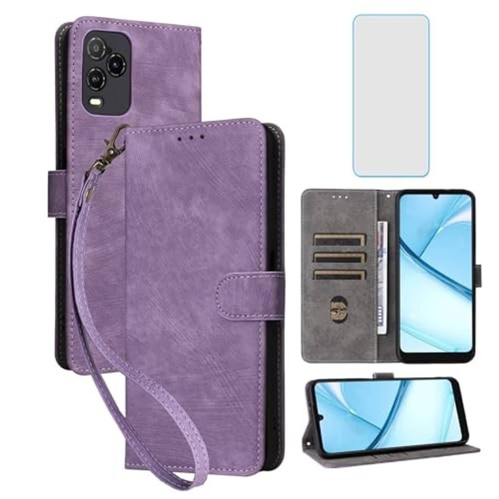 Purple flip wallet phone case with card holder slots and included screen protector