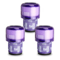 Set of three purple vacuum filter cartridges with mesh base and clear top caps
