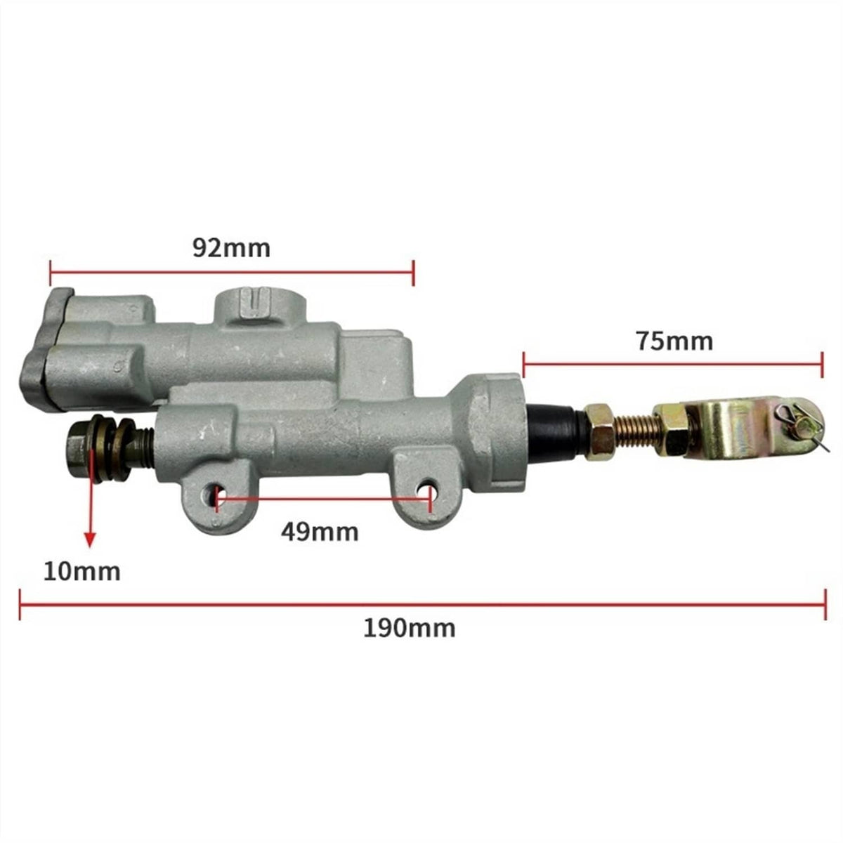 Rear brake master cylinder pump with threaded hose end and mounting points