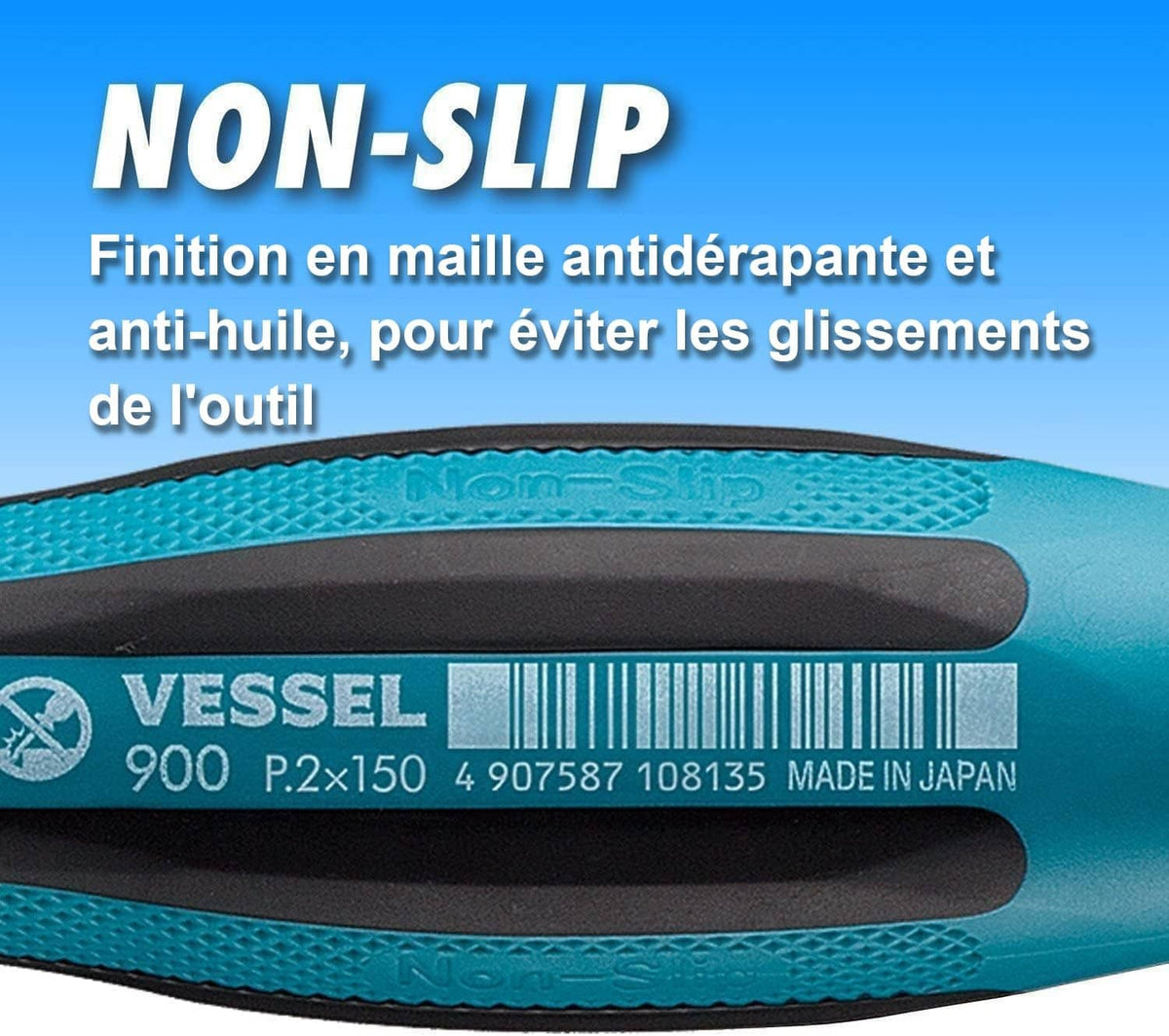 Textured non-slip screwdriver handle in teal and black, Vessel 900 marking