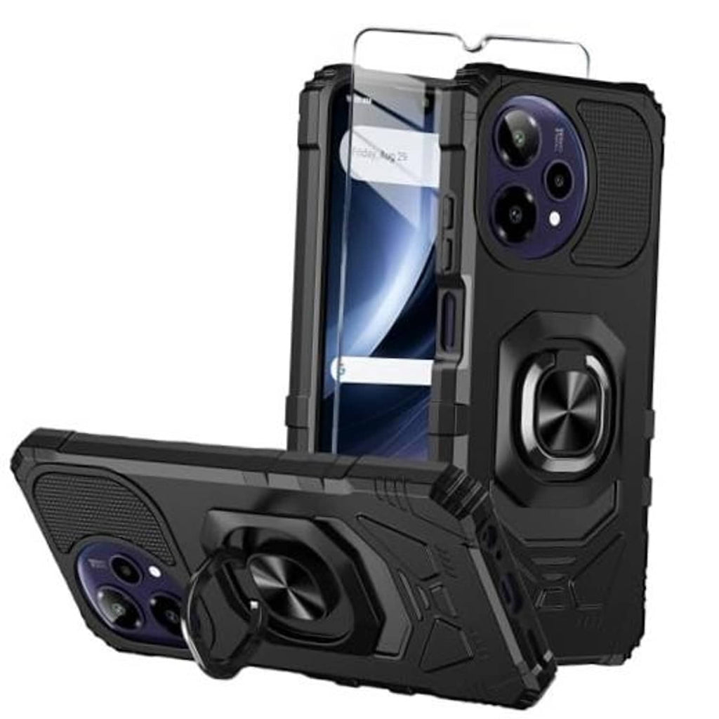 Rugged black phone case with textured back, raised camera covers, and ring kickstand