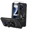 Rugged black phone case with textured back, raised camera covers, and ring kickstand