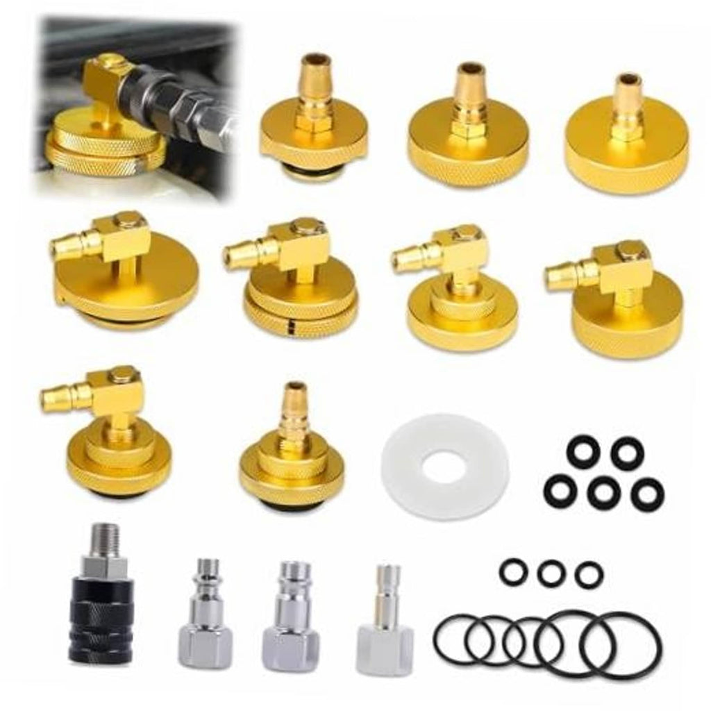 Gold aluminum brake bleeder adapters with black quick connector, O-rings, and washers
