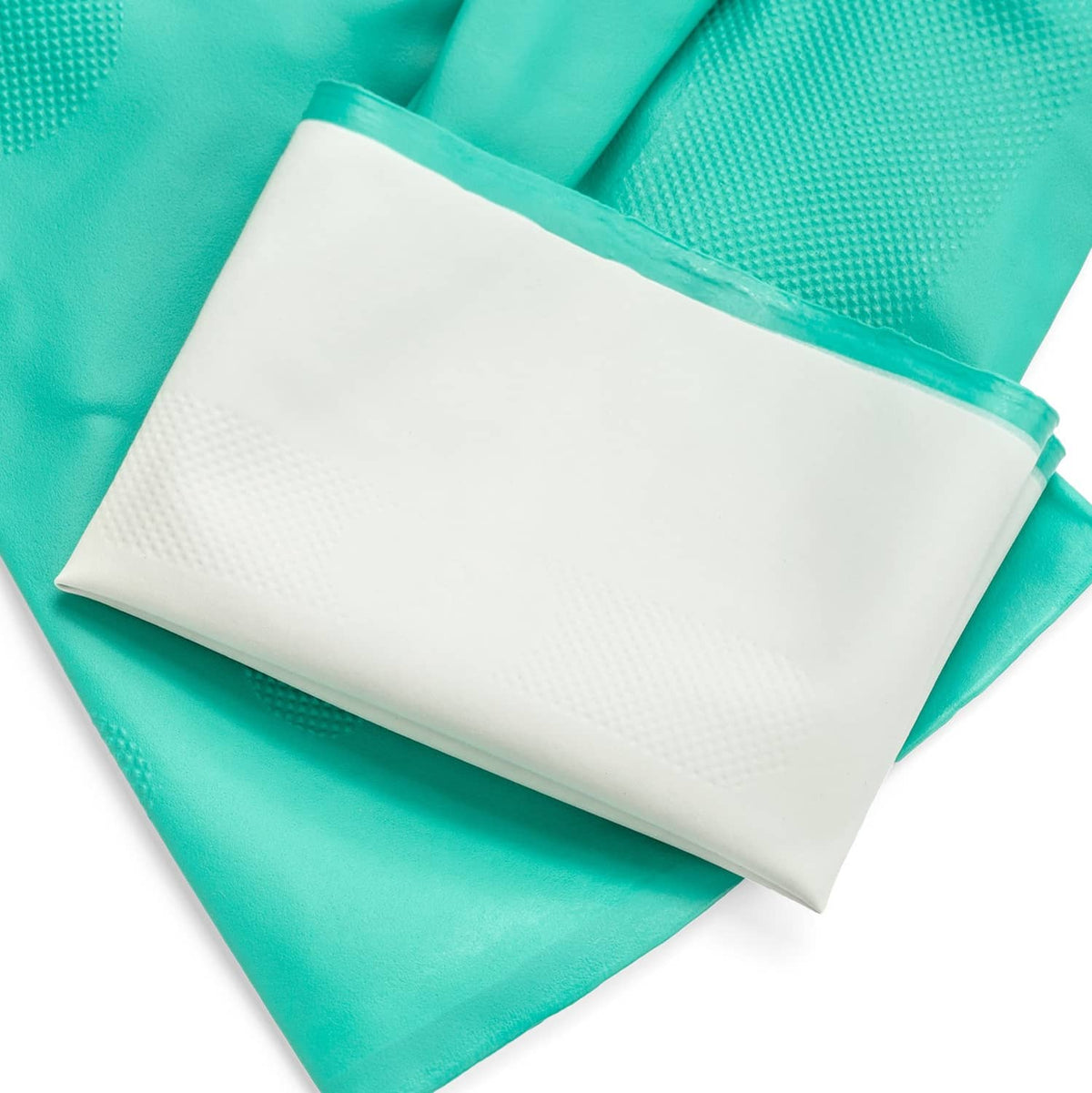 Teal nitrile rubber cleaning gloves with textured grip surface and reinforced cuff edge