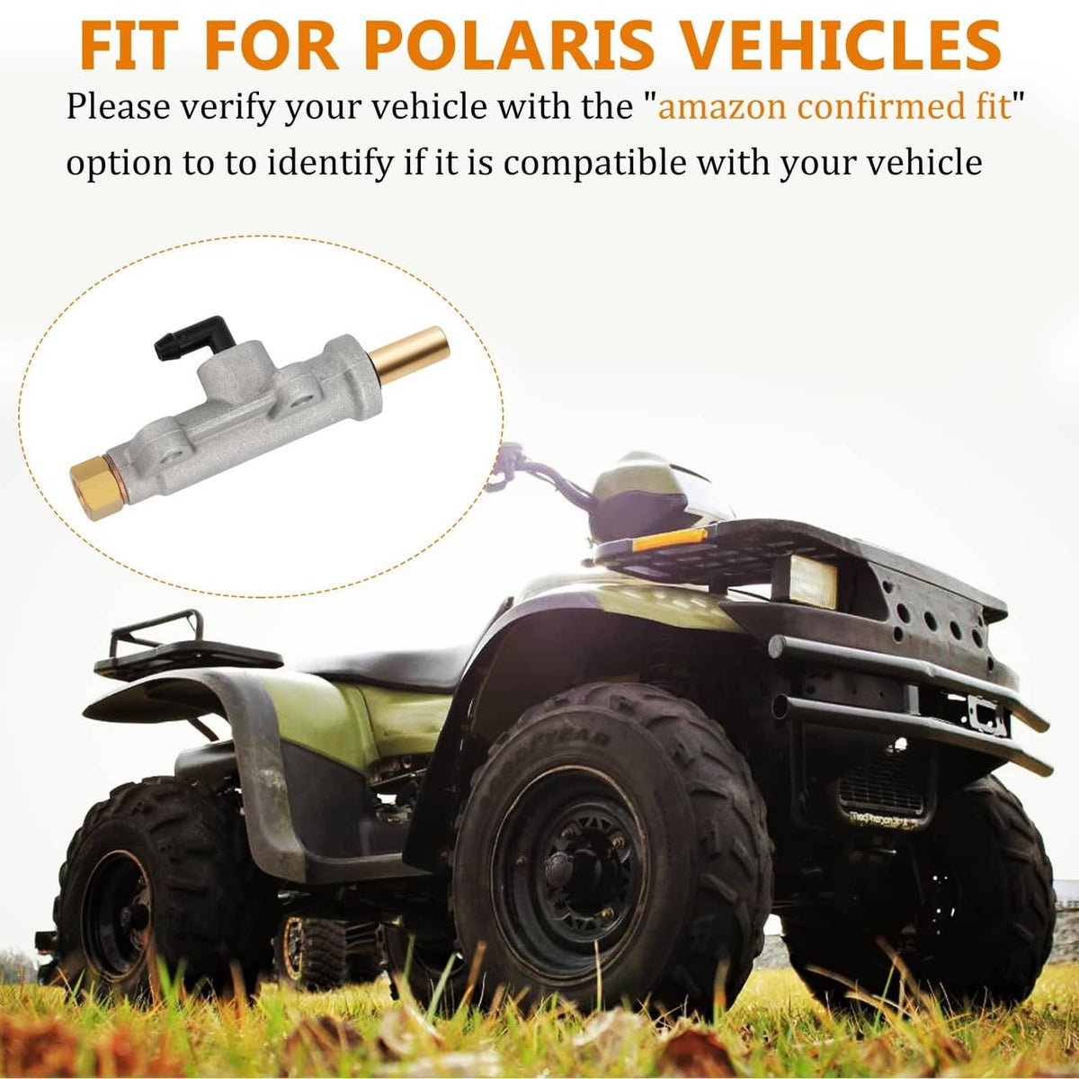 Brake master cylinder shown in vehicle-fit inset, silver body with gold and black ports