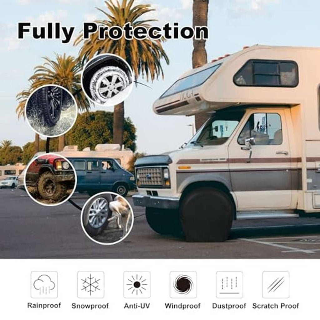 Two black tire covers on truck tires with protection icon callouts
