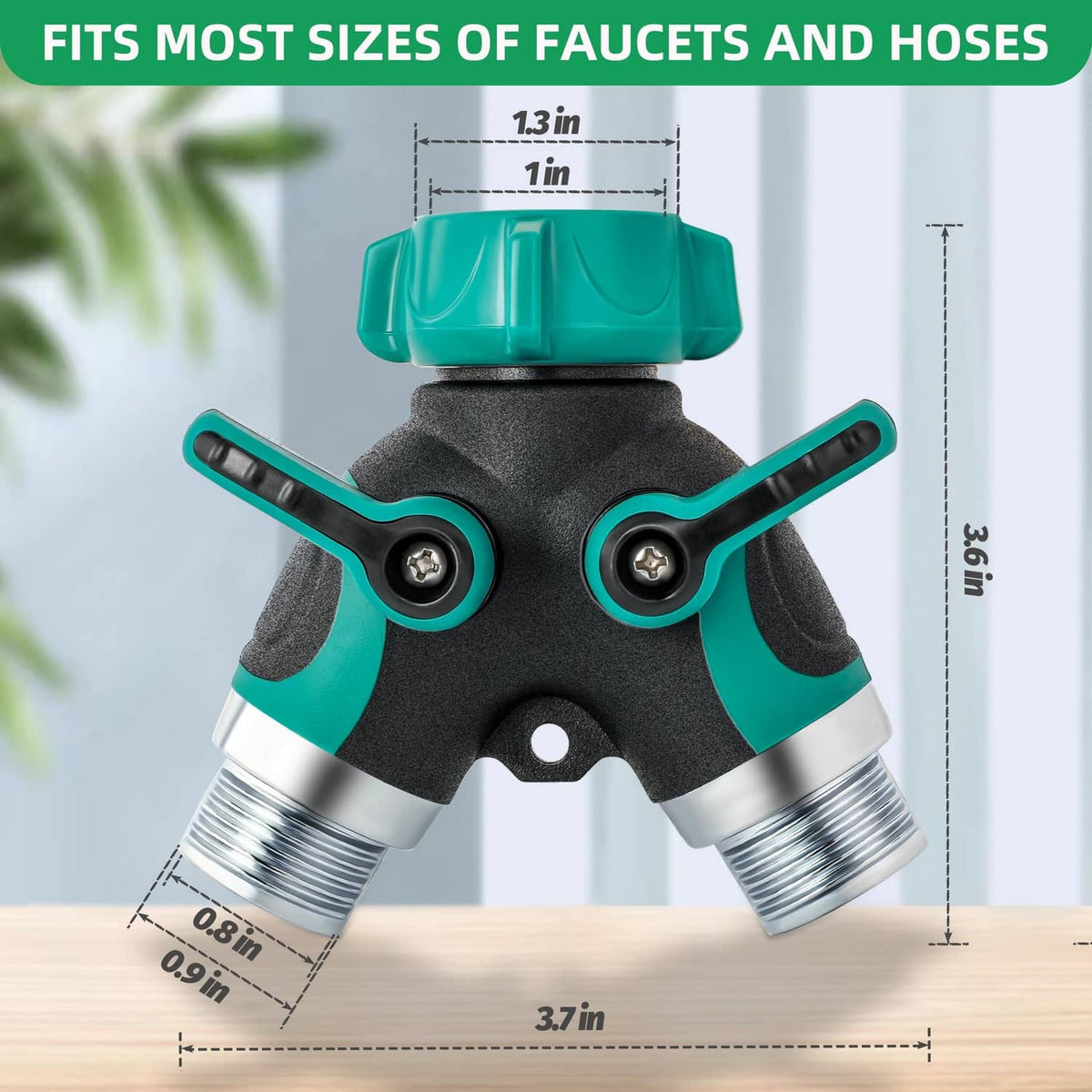 Green and black 2-way hose splitter with twin 3/4 in threaded connectors and screw heads