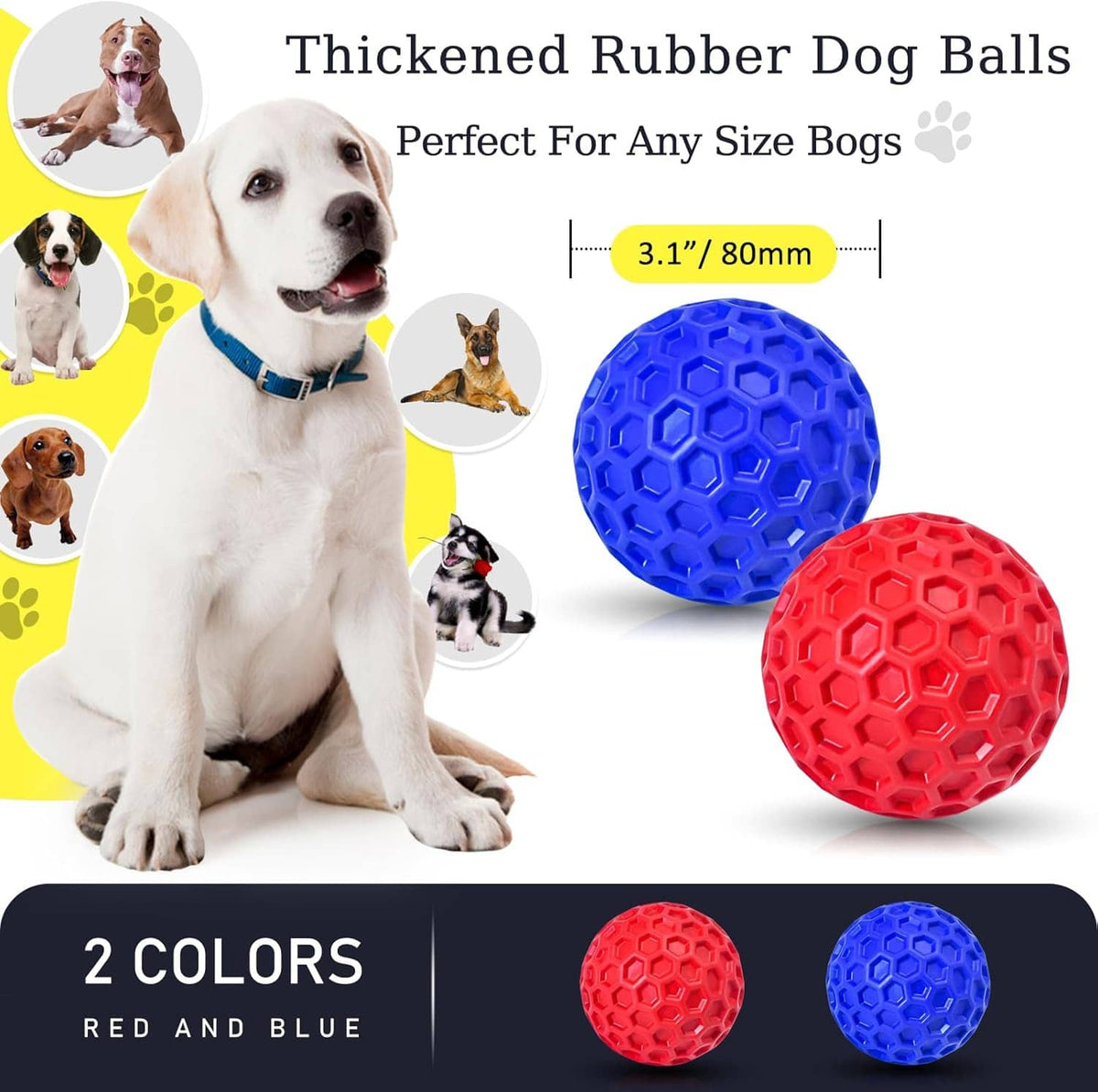 Red and blue rubber dog balls with raised hex grip texture, 3.1 in size