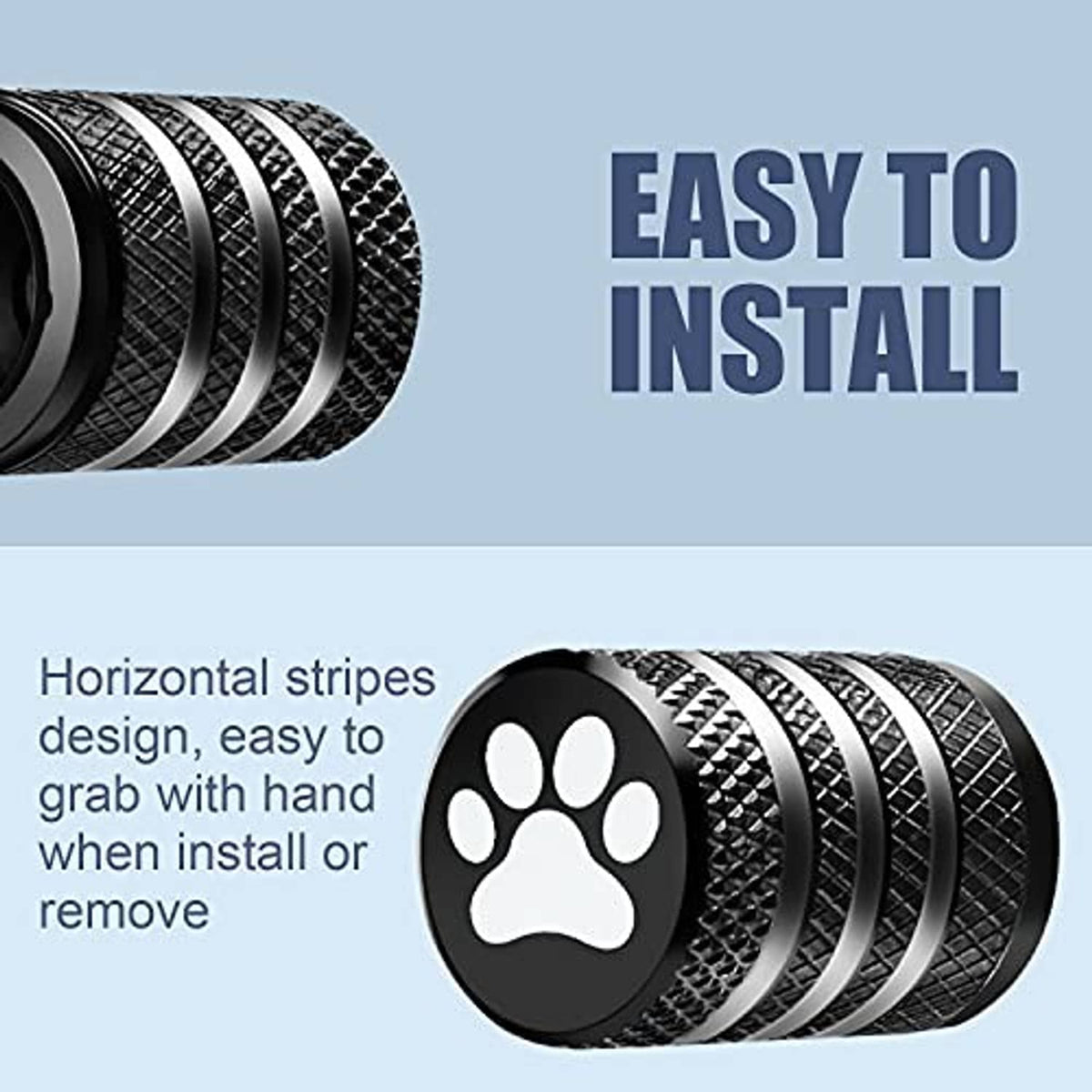 Black tire valve stem cap with paw print emblem and horizontal stripe texture.