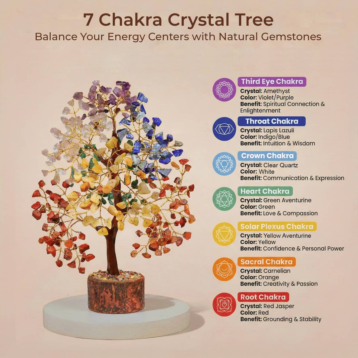 7-chakra crystal tree of life display with multicolor natural gemstone chips and round base
