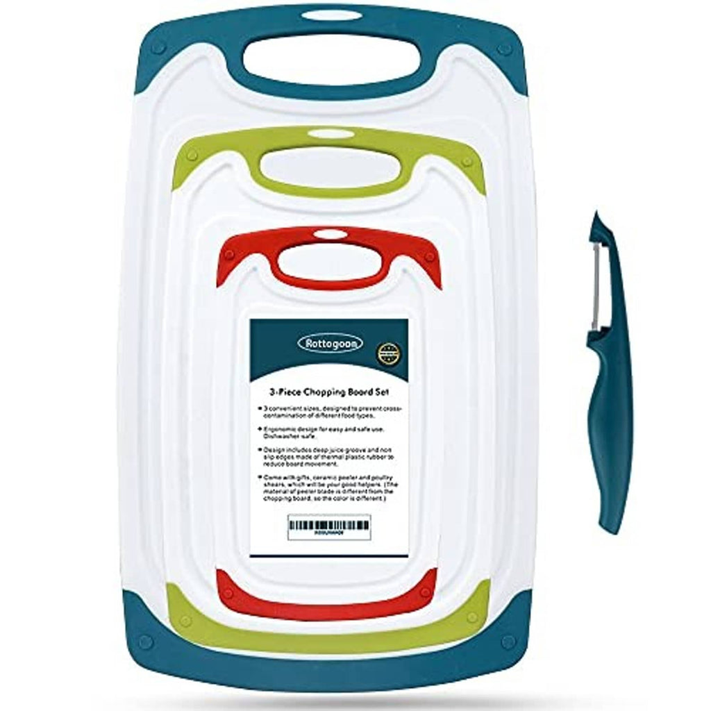 Plastic cutting board set package showing 4 boards with color handles and a tool