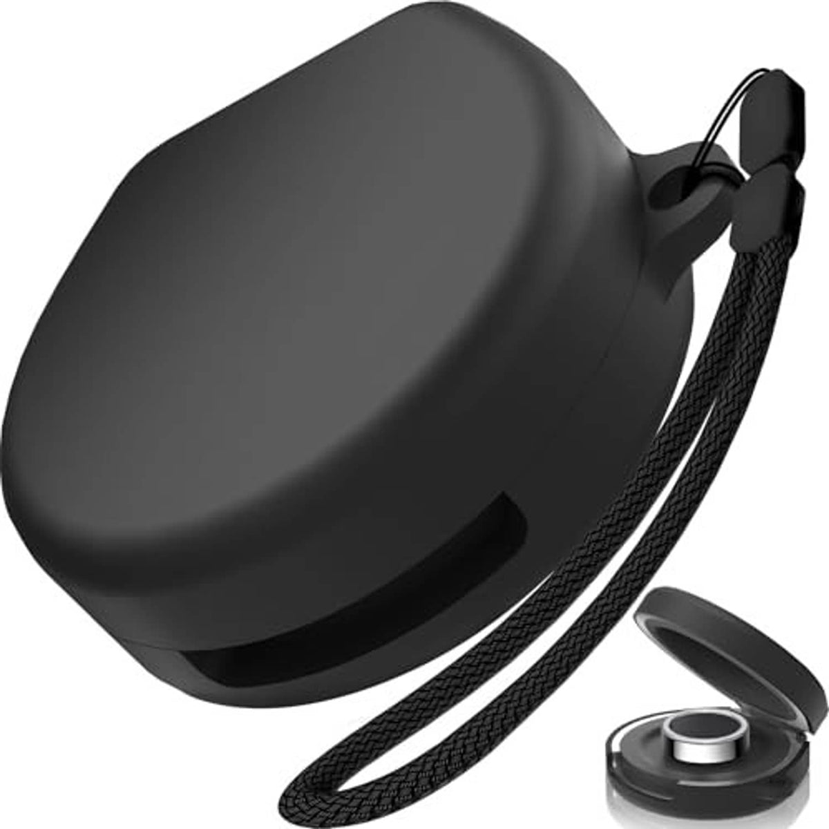 Black soft silicone charging case cover with carrying lanyard and open side clip.