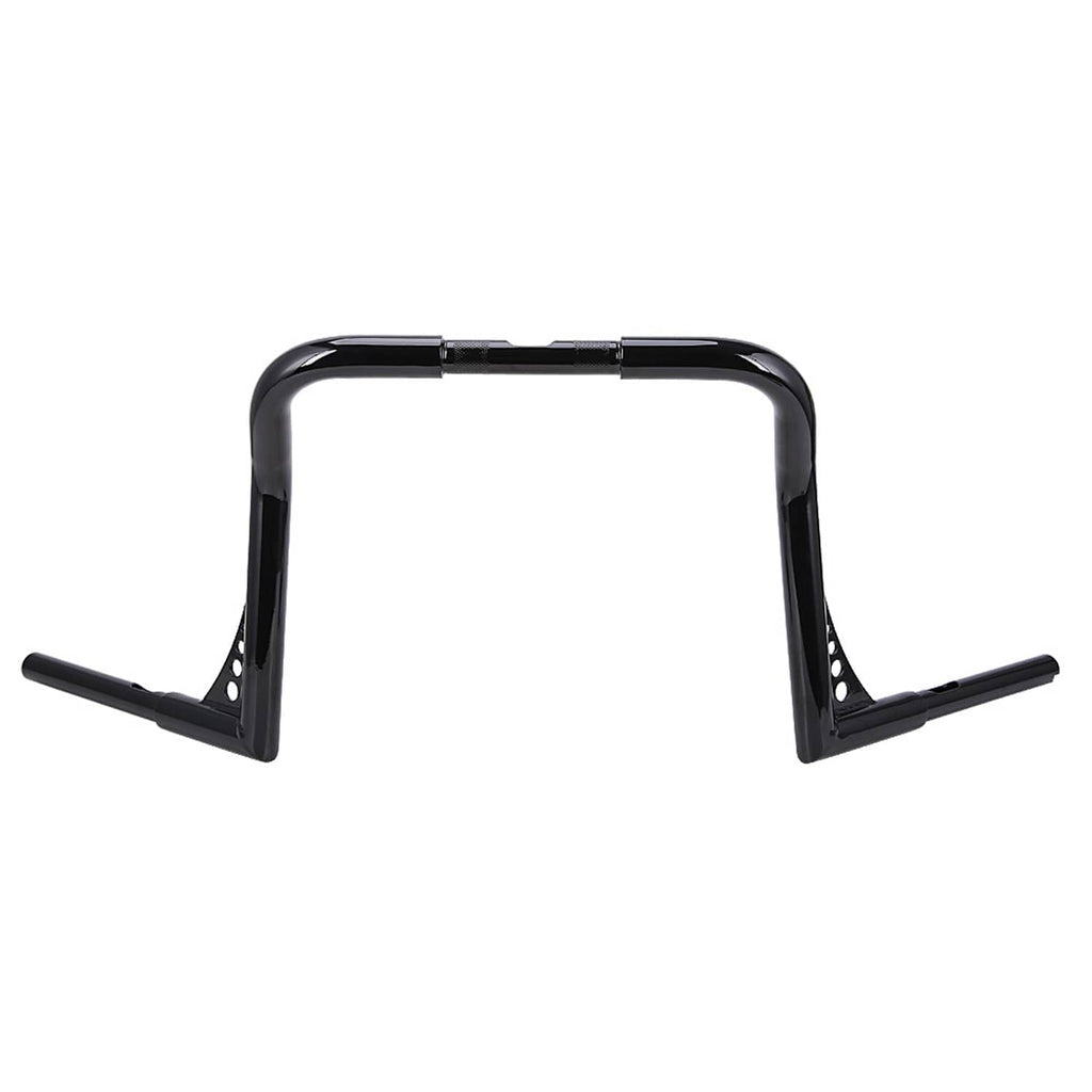Black motorcycle handlebar with wide top arc and side grip ends, mounting plates attached