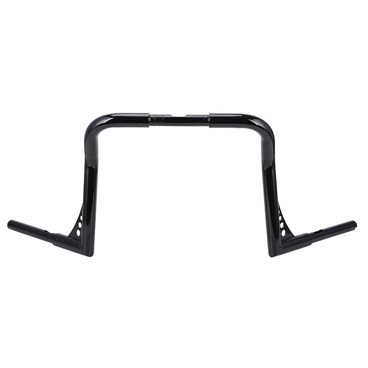 Black motorcycle handlebar with wide top arc and side grip ends, mounting plates attached